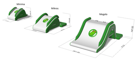 Three white and green curved product models labeled Minima, Mikros, and Megalo with dimension annotations on a white background.